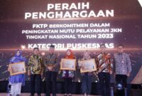 Menko Muhadjir memberikan penghargaan kepada FKTP serta FKRTL dalam peningkatan mutu pelayanan JKN Tahun 2023.