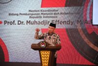 Menko PMK Muhadjir saat sambutan di Peluncuran Dasbor Desa yang diselenggarakan di Aula Heritage Kemenko PMK, pada Selasa (31/10).