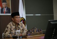 Menteri Koordinator Bidang Pembangunan Manusia dan Kebudayaan (Menko PMK) Muhadjir Effendy saat menghadiri Rapat Kerja Pimpinan PT ASDP Indonesia Ferry, secara daring, pada Rabu (24/01/2024).